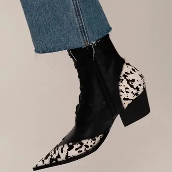 2023 Črno Mehko Usnje Botas Močen Visoke Pete Škornji Bela Konicami Prstov Ženske Čevlje Slip-On Zapatos Par Mujeres Pozimi