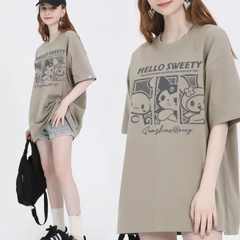 Anime Kuromi Vintage T-Shirt Kawaii Sanrio Melodijo Cinnamoroll Kratek Rokav Tees Dekle Risanka Poletje Bombaž Svoboden Ulične Vrh