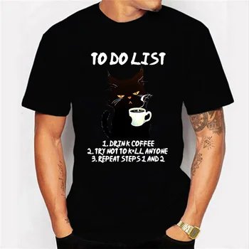 Black Cat Seznam Grafični T Srajce Smešno Mačka Kave Tshirts Vrhovi Oversize T-shirt Moda Harajuku T-majice Moške blagovne Znamke T-shirt