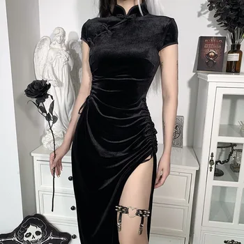 Kitajski Stojalo Ovratnik Gothic Obleko Cheongsam Vintage Obleke Ženske Črna Povoj Režejo Robom Seksi Večer Qipao Obleko Dolgo Vestidos