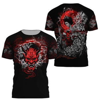Moda Samurai Tatoo moška T-shirt 3D Tiskanih Umetnosti Maska Tatoo O-vratu Kratek Rokav Vrhovi Hip Hop Punk Harajuku Prevelik T-shirt