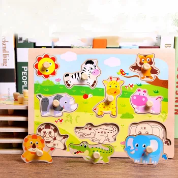 Montessori Lesenih Uganke Roko Zgrabi Plošče Igrače Tangram Sestavljanke, Risanka Živali Kognitivne Seznanjanje 3D Uganke Baby Izobraževalne Igrače