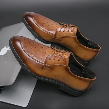New Oxford Čevlji Moški Usnje Rjava Formalno Čevlji Konicami Prstov Poslovnih Derby Čevlji Banket Obleko Poročni Čevlji Vrečko Tovorni