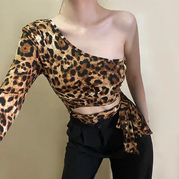 Novi Leopard Natisniti Eno-ramen, Rokavih So Seksi, Slim, in Popkovina, ki Je Vezana z Diagonalo Ovratnik T-shirt