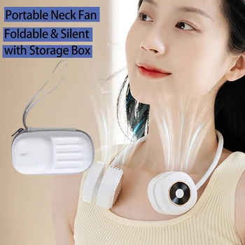Prenosni Vratu Fan Zložljive z Škatla za Shranjevanje za Potovanja Polnilna 1800mah Mini Tiho USB Ogrlica Neckband Ventilator za Hlajenje