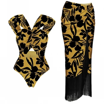 Retro Črno Zlato Barvo Ujemanje Natisnjene enodelne Kopalke Seksi Kopalk Beach Fashion Trak Cover-up Bluzo Pred prodajo Novih 2023