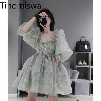 Tinomiswa francoskega Stila Vintage Obleko Ženske Kvadratnih Ovratnik Puff Rokav Povoj Princesa Obleke Ženska A-line Mini Vestidos Mujer