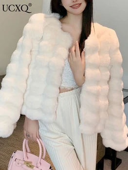 UCXQ 2023 Zimski Modni Specializiranimi za umetno Krzno Plašč Ženske Koreja Elegantna Toplo Pero Coats Jopico Kratek Outercoat Dama Stranke, Elegantne Obleke