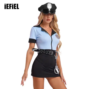 Ženska Halloween Odraslih Policija Enotno Obleko Kontrast Bodycon Obleko, Klobuk Pasu Manacles Značko 5-Kos Policaj Kostumi