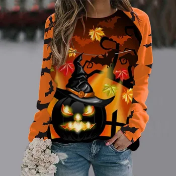 Ženske Modne Halloween Dolg Rokav T Shirt 3d Bučna Luštna Mačka Tiskanja Vrhu Dekleta Jeseni Harajuku Vintage Oblačila Ženski Pulover